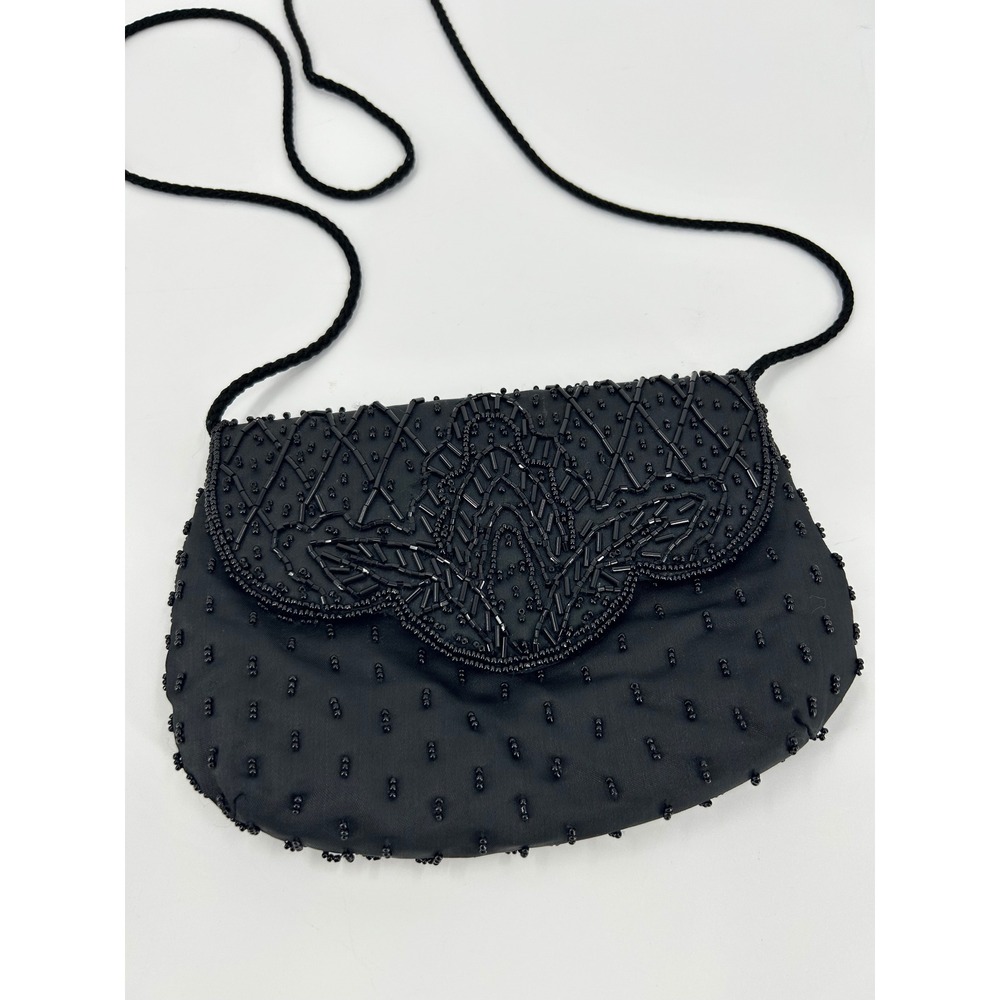 Vintage Black Beaded Satin Evening Crossbody Bag Scalloped Flap Formal Purse